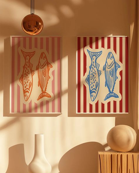 Retro Fish Wall Art Print (Lobster Print, Vintage Food Print, Retro Kitchen Poster, Tinned Fish, Sardines Poster, Sea Life Illustration made by SleepyDiscoDesigns ___ An illustrated art print, created by Mollie from Sleepy Disco Designs. Designed, printed and packaged by hand from Mollie’s South Yorkshire studio. Printed on archival matte 230gsm recycled paper. Fun Home Design Ideas, Fun Bedroom Art, Funky Posters Wall Art, Retro Wall Art Vintage, Spritz Art, Sea Life Illustration, Margarita Art, Cocktail Aesthetic, Tinned Fish