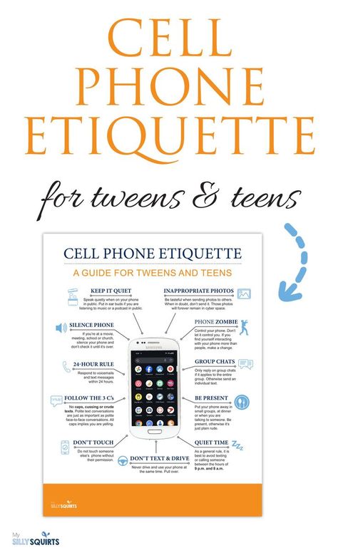 If you have a teenager or a tween with a cell phone, then now is the perfect time to sit down with them and teach a little bit about cell phone etiquette. From silencing your phone in theaters to responding to texts in a timely manner, this blog post has it all. Plus, print your own poster as a reminder in your classroom or home. Teen Cell Phone Contract, Cell Phone Etiquette, Texting Etiquette, Cell Phone Contract, Social Media Etiquette, Phone Etiquette, Screen Time Rules, Etiquette Rules, Tips For Teens