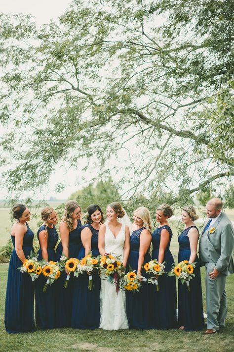 Sunflower And Blush Wedding, Sunflower Wedding Navy Blue, Navy Blue And Sunflower Wedding Country Bridesmaid Dresses, Sunflower Wedding Bridal Party, September Sunflower Wedding, Navy And Sunflowers Wedding, Wedding Colors That Go With Sunflowers, Navy Blue Bridesmaid Dresses With Sunflowers, Navy And Sunflower Wedding Decorations