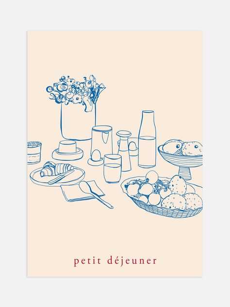 A hand drawn illustration of a kitchen table with food and drink titled 'petit dejeuner' Perfect for a minimalist style kitchen. Food Menu Illustration Design, Food On Table Illustration, Table Food Illustration, Minimalist Food Illustration, Hand Drawn Food Illustration, Kitchen Table Illustration, Food Table Illustration, Minimalist Food Poster, Vintage Food Illustration