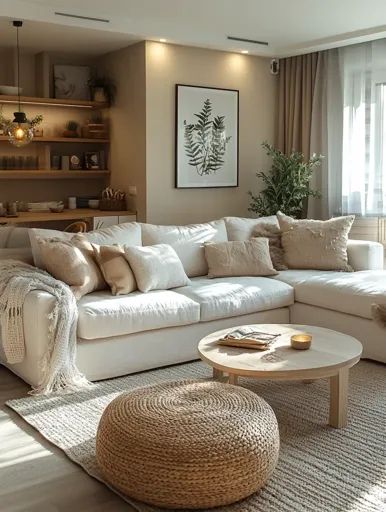 ↑↑↑ Larger size on website 🔸 A white sectional sofa sits in a living room with a large window, white curtains and a light brown r