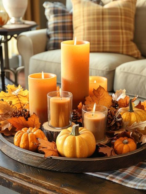 Autumn Candles Decoration, Candle Display Ideas, Home Fall Decor Ideas, Colorful Tablescapes, Candles Autumn, Fall Candle Decor, Autumn Core, Candle Decorations, Fall Home Decor Ideas