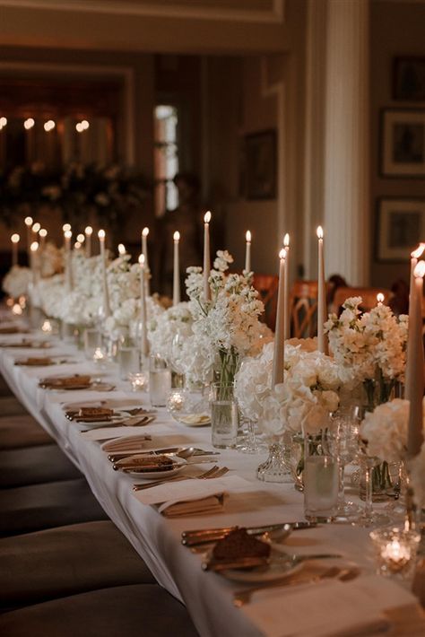 White Wedding Flowers Hydrangeas, White Hydrangea Tablescape, Wedding Table Setting With Candles, Wedding Dinner Candles, Formal Dinner Table Setting Decor, Elegant Wedding Tablescapes, White Flowers And Candles Centerpieces, Long Dinner Table Decor, Wedding Reception Rectangle Tables