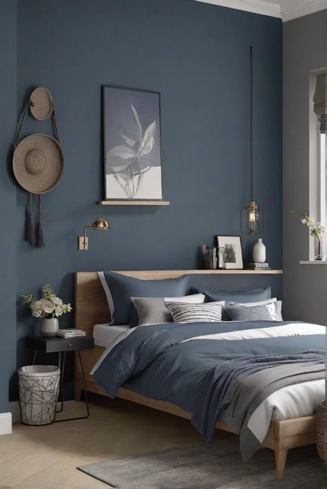 bedroom decor, home paint colors, kitchen designs, interior bedroom design Charcoal Blue Bedroom Ideas, Bedroom Ideas Colour Scheme, Dark Paint Room Ideas, Peacock Blue And Grey Bedroom, Blue Grey Room Bedrooms, Bedroom Paint Ideas For Men, Good Colors To Paint A Bedroom, Blue Palette Bedroom, Dusty Blue And Grey Bedroom