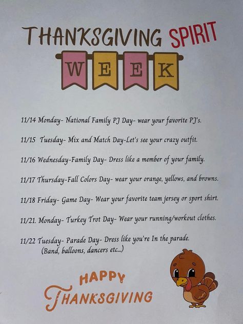 Thanksgiving Dress Up Days For School, Dress Up Days For School, School Year Themes, Dress Up Days, Pj Day, Thanksgiving Dress, Turkey Trot, Crazy Outfits, Team Jersey