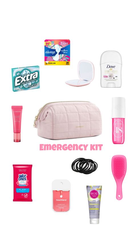 Things for emergency kit for teen girls Emergency Kit For Girls, School Emergency Kit, Cheer Practice, School Bag Essentials, Emergency Bag, Winter Event, Cute School Supplies, Emergency Kit, Essential Bag