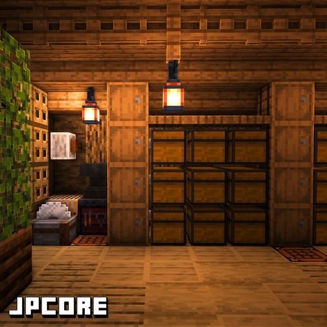 Crafting Room Ideas Minecraft, Minecraft Villager Room Ideas, Intirear Design Minecraft, Mc Storage Room Ideas, Armor Stand Display Minecraft, Minecraft Survival Room Ideas, Minecraft Storage Interior, Cute Minecraft Basement Ideas, Storage Hut Minecraft