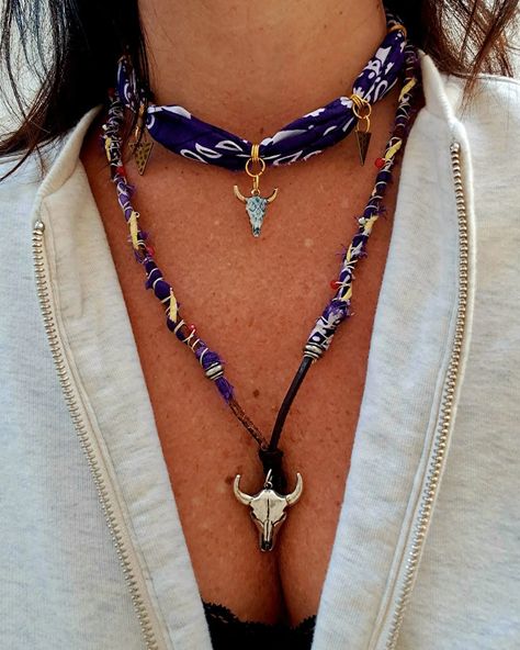 Channelling rustic charm with a touch of boho vibes 💜 Embrace your inner wanderer with a purple bandana necklace featuring a bold bull head charm. #pendantnecklace #bandanacrafts #bohostyle Adjustable Bohemian Charm Necklace For Festivals, Bohemian Handmade Charm Necklaces For Festival, Bohemian Choker Charm Necklaces With Adjustable Chain, Bohemian Beaded Choker Charm Necklaces, Bandana Charm Necklace, Bandana Crafts, Boho Vibe, Jade Beads, Rustic Charm