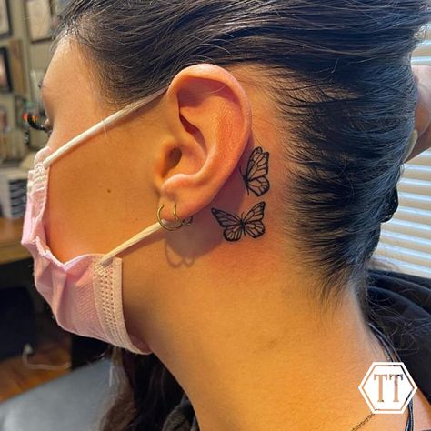 Bday Tattoo, Butterfly Neck Tattoo, Black Butterfly Tattoo, Behind Ear Tattoos, Behind The Ear Tattoo, Hand Tattoos For Girls, Hand And Finger Tattoos, Cute Hand Tattoos, Small Butterfly Tattoo