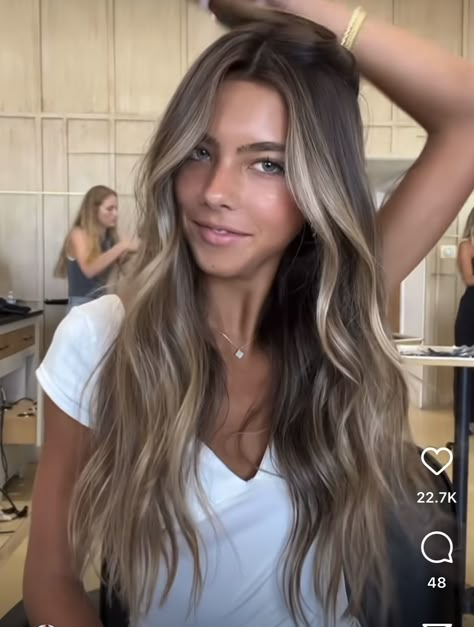 Blended Grown Out Highlights, Brown Hair With Hints Of Blonde, Dark Brown Hair With Summer Highlights, Olivia Messler Hair, Balayage Hair From The Back, Brunette Hair With Blonde Dimension, Side Part Balayage Brunettes, Brunette With A Few Highlights, Cool Brown Hair With Icy Highlights