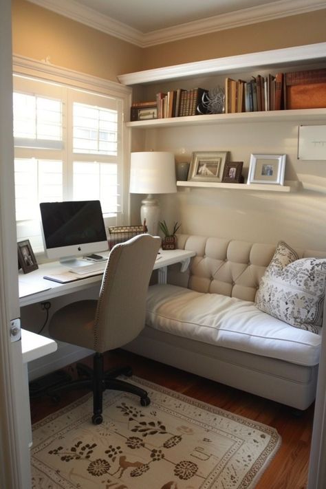 Desk Around Window, Small Office In Living Room, Tiny Study Room, Small Office Room Ideas, Small Home Office Ideas Workspaces, Home Office Small Room, Bedroom Workspace Ideas, Small Study Room Ideas, Cozy Office Ideas