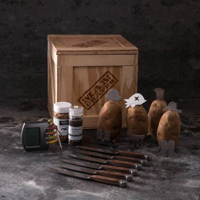 Steaks On A Plate Crate includes a steak knife set, seasoning salts, digital steak thermometer, and decorative potato accessories. Best Gifts For Guys, Steak Gift, Steak Night, Man Crates, Gifts For Guys, Concrete Bricks, Steak Knife Set, Steak Knife, Grilling Gifts