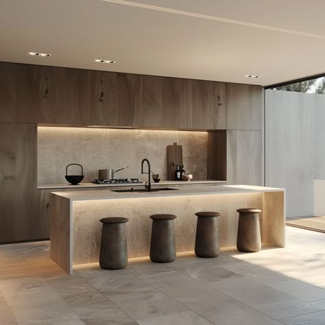 Kitchen Island Cladding, Japanese Style Kitchen Modern Minimalist, Modern Minimal Kitchen, Kitchen Wallpaper Ideas, Modern Minimal Style, Ultra Modern Kitchen, Modern Minimalist Kitchen, Minimalist Kitchen Design, Modern Kitchen Island