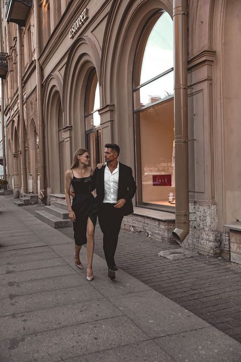 Couple In Suit And Dress, Couple With The Same Height Aesthetic, Couple Photoshoot Fancy, Cocktail Party Couple Outfit, Engagement Pictures Black And White, Sophisticated Couple Photoshoot, Engagement Photoshoot Black Dress, Engagement Shoot Black Dress, Black Tie Couple Photos