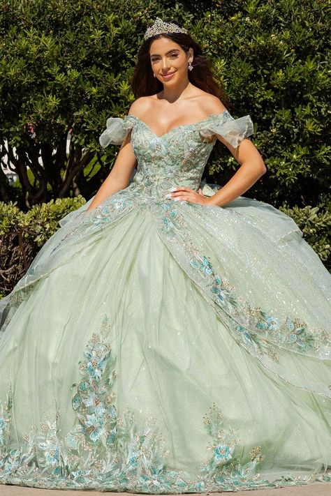 Cinderella Couture 8089J - Embroidered Off-Shoulder Ballgown Green Quinceanera Dresses, Quinceanera Themes Dresses, Off Shoulder Ball Gown, Princesa Tiana, Quinceñera Dresses, Dress Quinceanera, Pretty Quinceanera Dresses, Sage Dress, Quince Dress