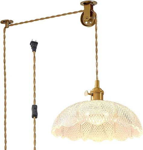 Oyisen Hanging Lamp Plug in,Golden Adjustable Light Cord Plug in Overhead Light 9.8 Inch Glass Lampshade Plug in Light Fixture Vintage Plug in Pendant Light - Amazon.com Mobile Home Makeover, Overhead Light, Plug In Pendant Light, Swag Lamp, Glass Lampshade, Overhead Lighting, Ceiling Fan In Kitchen, Adjustable Lighting, Bath Fixtures