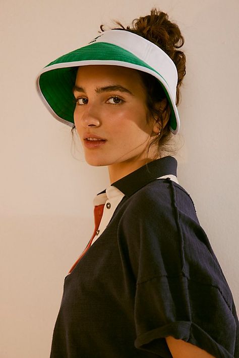 Ready for anything in a retro-inspired design, this so cool sun visor is featured in a sporty silhouette with color block detailing, defined brim, and classic logo for a special finishing touch. **Features:** Classic visor style, adjustable fit, defined brim **Why We ❤ It:** Designed to take you from the beach to the golf course to a simple stroll on a bright day, this staple sun visor is sure to be your go-to no matter the activity. | Kangol Golf Sun Visor at Free People in Green Golf Hat Women, Sun Visor Outfit, Visor Outfit, Golf Hats, Coney Island, Sun Visor, Classic Logo, Boho Clothing, Golf Course