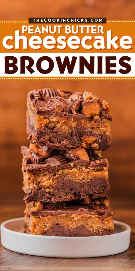 These Peanut Butter Cheesecake Brownies blend the tangy taste of cheesecake with rich peanut butter in a chewy dessert that’s worth every calorie. They are easy to make and perfect for anyone who loves peanut butter with a creamy twist! Chocolate And Peanut Butter Desserts, Peanut Butter Cream Cheese Brownies, Peanut Butter Chocolate Desserts, Peanut Butter Chip Brownies, Brownie Cheesecake Bites, Peanut Butter Desserts Easy, Peanut Butter Cheesecake Brownies, Baking Snacks, Chocolate Peanut Butter Bars