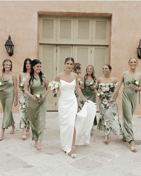 42 Best Green Bridesmaids Dresses: The Ultimate edit Mixed Green Bridesmaid Dresses, Floral Bridesmaid Dresses Mismatched, Mismatched Green Bridesmaid Dresses, Light Green Bridesmaid Dresses, Mixed Bridesmaid Dresses, Bridesmaid Dress Color Schemes, Wedding Ideas 2024, Green Bridesmaids Dresses, Olive Green Bridesmaid Dresses