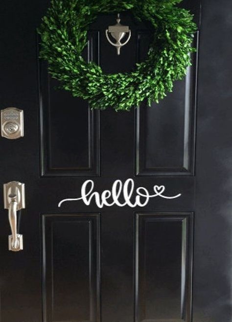 Welcome Decal Front Door, Hello Front Door Decal, Hello On Front Door, Front Door Decal Ideas, Door Vinyl Sayings, Door Decals Ideas, Front Door Decals Vinyl, Vinyl Door Decal, Hello Door Decal