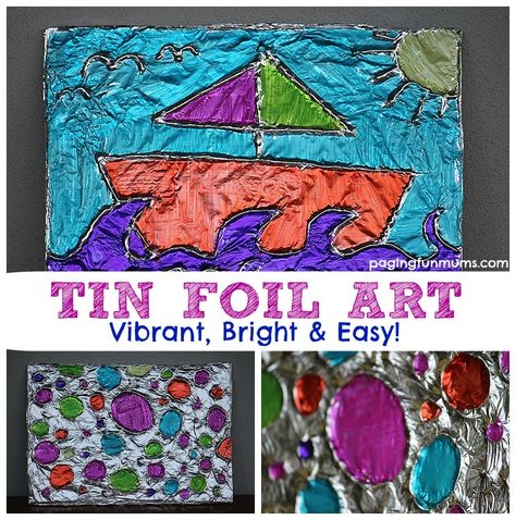 This Textured Tin Foil Art was so much fun to create! We were so thrilled with the vibrant colours and interesting textures that this process created! Tin Foil Art, Aluminum Foil Art, Easy Art Projects, Ideas Craft, Ecole Art, Tin Foil, Homeschool Art, Easy Art, Foil Art