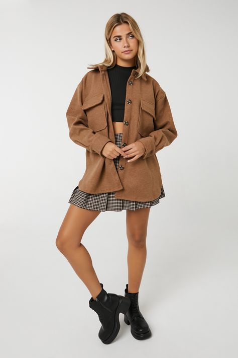 Overshirt Outfit Women, Shacket Outfit, Heeled Lace Up Boots, Mini Pleated Skirt, Puff Sleeve Cardigan, Cropped Crewneck, Crop Jean Jacket, Jacquard Sweater, Textured Sweater