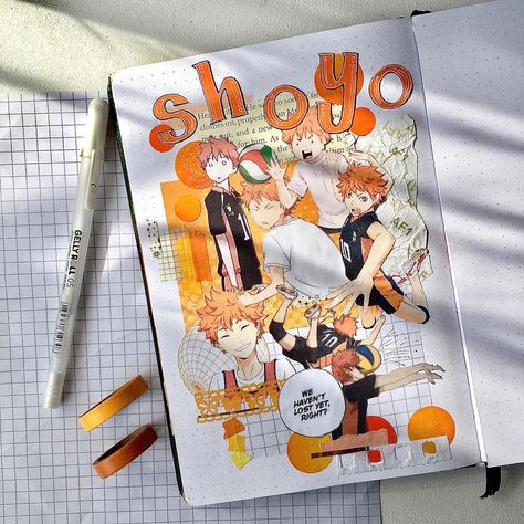 Hinata themed journal spread #haikyuu #anime #journal #journalling Haikyuu Journal Ideas, Haikyuu Journal, Anime Journal Spread Ideas, Sketch Book Spreads, Mochila Aesthetic, Anime Scrapbook, Book Cover Art Diy, Homemade Journal, Themed Journal