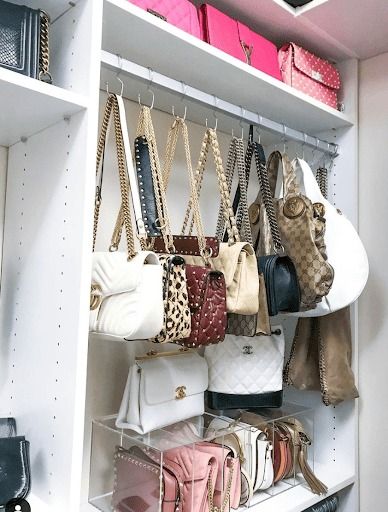 11 Storage Ideas On How To Hang Purses In A Closet - arinsolangeathome Purse Closet Aesthetic, Purse Storage Wall, Handbag Storage In Wardrobe, Crossbody Bag Storage, Hanging Bags In Closet, Hanging Purses In Closet, How To Display Purses In Closet, Duffle Bag Storage Ideas Closet, How To Store Bags And Purses