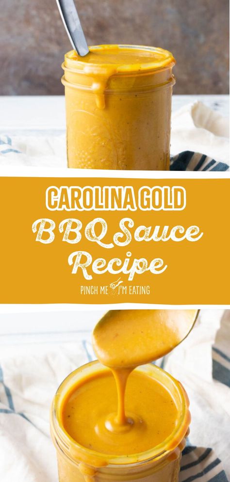 Discover the best homemade BBQ sauce recipe with this mustard-based South Carolina BBQ sauce recipe. This authentic Carolina Gold sauce is sweet, tangy, and perfect for pulled pork, chicken, or ribs. Learn how to make this delicious condiment at home in just five minutes, ideal for adding a Southern twist to your BBQ dishes. Carolina Mustard Bbq Sauce Recipes, Mustard Vinegar Bbq Sauce, Canned Sauce Recipes, Canned Bbq Sauce Recipe, Carolina Bbq Sauce Recipe, How To Make Bbq Sauce, Pulled Pork Sauce Recipe, Carolina Gold Bbq Sauce Recipe, Mustard Bbq Sauce Recipe