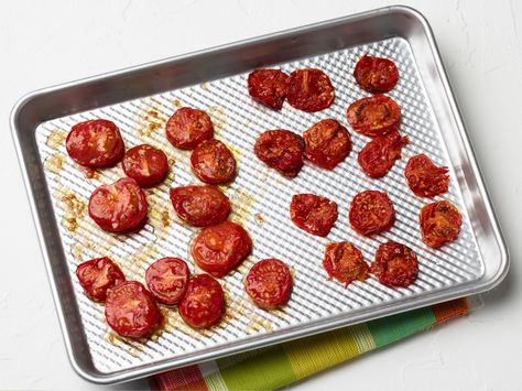 Rescue Tomatoes in the Oven : When tomatoes start to get wrinkly, halve them and arrange cut-side up on a sheet pan. Sprinkle with salt and bake in a low oven for several hours. Remove them when they still have some moisture and flexibility, and use them like classic sun-dried tomatoes. Or keep going for several hours more, until they are bone-dry; if you can resist just popping them like chips, pulverize them into a savory powder that can be scattered over salads, eggs, seafood and more. Th... What To Do With Tomatoes, Recipes Using Tomatoes, Summer Produce Recipes, Scrappy Cooking, Recipe Using Tomatoes, Oven Food, Produce Recipes, Summer Produce, Meatless Dinner