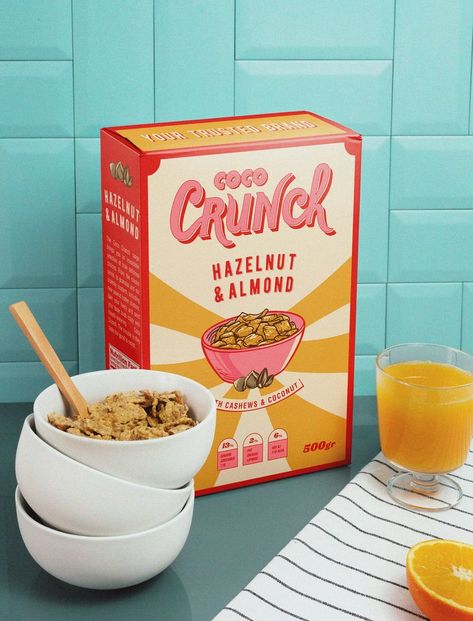 Vintage packaging design for a Cereal Brand. Coco Crunch lettering design. Typography custom made Vintage Packaging Design, Sereal Sarapan, Cereals Packaging Design, Cereal Packaging, Cereal Brands, Retro Packaging, Cereal Boxes, Vintage Packaging, Graphic Design Packaging