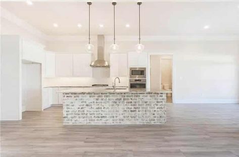 Whitewashed brick island white cabinets Faux Brick Island, Brick Island In Kitchen, Faux Brick Island Kitchens, Brick On Kitchen Island, Tile On Kitchen Island Base, Faux Brick Kitchen Island, Tiled Kitchen Island Base, Brick Island Kitchen, Wallpaper Kitchen Island