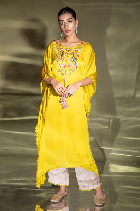 Yellow Kaftan, Indian Lengha, Yellow Satin, Palazzo Set, Indian Dress, Bird Patterns, Set For Women, Flared Sleeves, Aza Fashion