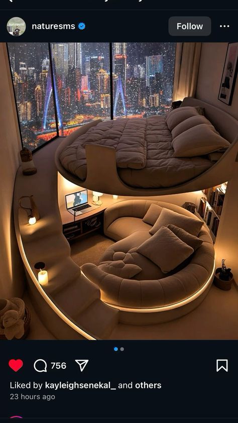 Circle Bed Luxury, Sunroof In Bedroom, Awesome Bedroom Ideas, Bedroom Ideas Circle Bed, Circle Bunk Bed, Big Loft Bed, Tour Bus Bedroom, Cozy Nest Bed, Circle Bed Designs