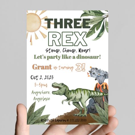 THREE REX! Stop Chomp Roar! Party like a dinosaur 3rd birthday party invitation, dinos boy birthday, 5x7in, customizable digital download Three Rex Invitation, Three Rex Birthday, 3rd Birthday Party For Boy, Dinosaur Birthday Decorations, Dinosaur Invitations, Dinosaur Themed Birthday Party, Dinosaur Birthday Invitations, Third Birthday Party, Party Template