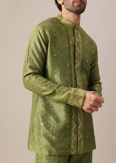 Green Brocade Kurta And Pant Co-ord Set Brocade Kurta, Lucknowi Kurta, Designer Kurta, Kalki Fashion, Kurta Set For Men, Mens Kurta, Kurta Design, Blue Mirrors, Kurta Designs