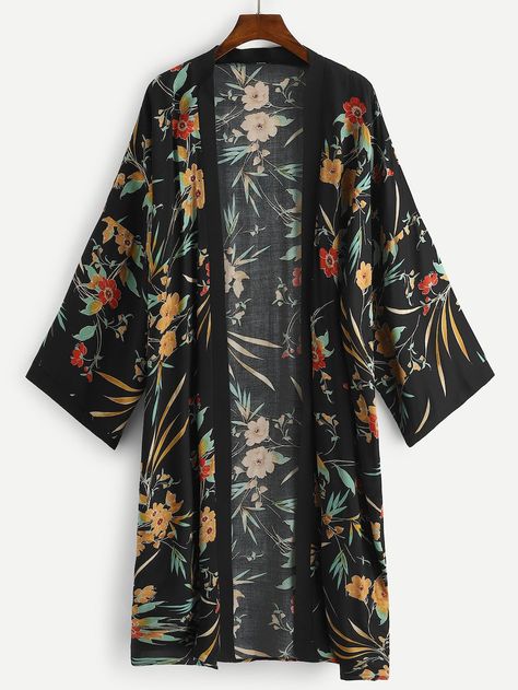 Plus Botanical Print Open Front Kimono -SheIn(Sheinside) Fancy Abaya, Kimono Online, Abaya Collection, Ladies Coats, Diy Kimono, Open Kimono, Plus Size Kimono, Kimono Outfit, Mode Kimono