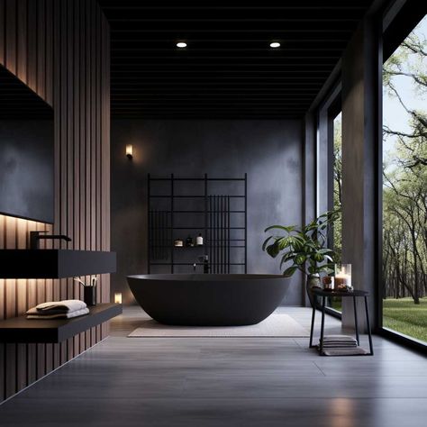 How to Design a Captivating Black Modern Bathroom • 333+ Images • [ArtFacade] Black Modern Bathroom, Luxury Bathroom Master, Luxury Bathroom Ideas, Black Tub, Japanese Bathroom, Bathroom Paint Colors, Design Bathroom, Modular Homes, Prefab Homes