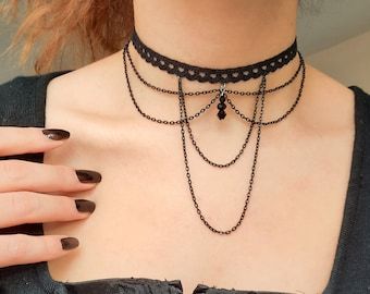 Fantasy Choker Necklace, Black Jewelry Aesthetic, Black Chains Jewelry, Choker Necklace Aesthetic, Chocker Neckless, Black Jewelry Necklace, Victorian Choker Necklace, Gothic Choker Necklace, قلادات متدلية