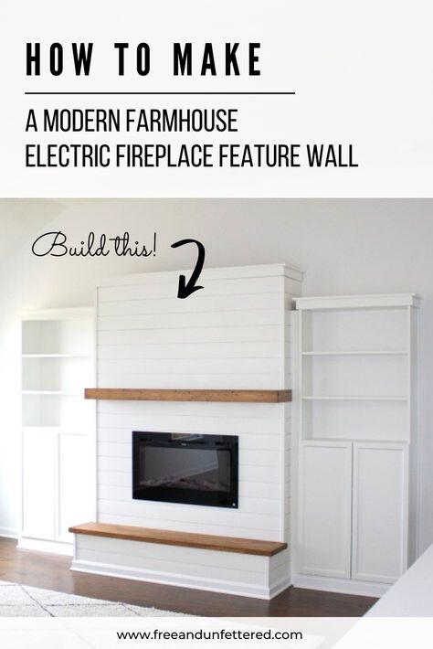 Modern Farmhouse Electric Fireplace, Farmhouse Electric Fireplace, Sketchup Woodworking, Ikea Bookcases, Raised Hearth, Diy Electric Fireplace, Fireplace Feature, Fireplace Feature Wall, Wooden Mantel