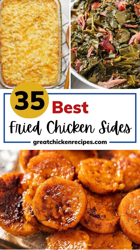 These side dishes for fried chicken will allow you to make the ultimate comfort food meal. You’ll find a range of southern classics along with new favorites to serve with your crispy chicken main dish. #chicken #recipes #friedchicken #southernfood #comfortfood Dinner Sides Easy For Chicken, Traditional Home Cooked Meals, Southern Food Sides, Sunday Dinner Sides Ideas, Side Dishes Fried Chicken, Best Southern Dishes, Comfort Food Sides Dishes, Southern Dinner Sides, Sunday Sides Dishes