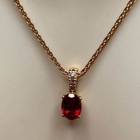 10 Kyg 7 X 5 Mm Oval Lab Created Ruby With 3 Diamonds On Mounting 1 Mm Color F Clarity Si1 3 Diamonds On Bail Varying Sizes Color F Clarity Si1 - 10k Yellow 1 Mm Wheat 18” Chain. Red Jewelry Necklace, Gold Necklace Design, Body Jewelry Diy, Diamond Gold Necklace, Stylish Jewelry Accessories, Gold Ruby Necklace, Ruby Jewelry Necklaces, Beautiful Pendants, Princess Jewelry