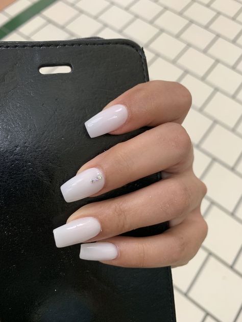 Nails With Gems Simple, White Nails With Jewels, Natural White Nails, Acrylic Ballerina Nails, White Nails With Gems, Nails With Gems, Pale Nails, White Coffin Nails, White Acrylic Nails