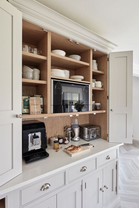 Kitchen Storage | Kitchen Shelves | Tom Howley Impressive Breakfast, Breakfast Pantry, Tom Howley Kitchens, Kitchen 2024, Open Plan Kitchen Dining Living, Coffee Area, Grey Kitchen Designs, Open Plan Kitchen Dining, Small Pantry