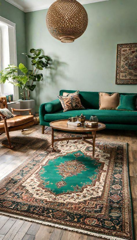 Green Boho Living Room, Living Room Decor Tips, Bohemian Elements, Grey Couch Living Room, Bohemian Living Rooms, Living Room Color Schemes, Vibrant Patterns, Simple Furniture, Home Design Living Room