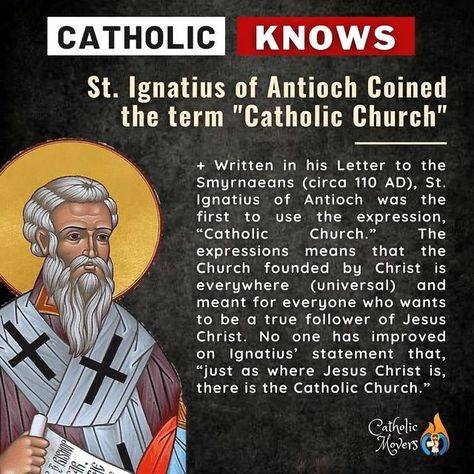 Jorge Fraga on Instagram: "• | CATHOLIC KNOWS | • St. Ignatius of Antioch Coined the Term "Catholic Church". ~~~~~ + Written in his Letter to the Smyrnaeans (circa 110 AD), St. Ignatius of Antioch was the first to use the expression, “Catholic Church.” The expressions means that the Church founded by Christ is everywhere (universal) and meant for everyone who wants to be a true follower of Jesus Christ. No one has improved on Ignatius’ statement that, “just as where Jesus Christ is, there is the St Ignatius Of Antioch Quotes, Saint Ignatius Of Antioch, St Ignatius Of Antioch, Saint Ignatius, St Agatha, Ignatius Of Antioch, St Ignatius, Concrete Bathroom, Faith Formation