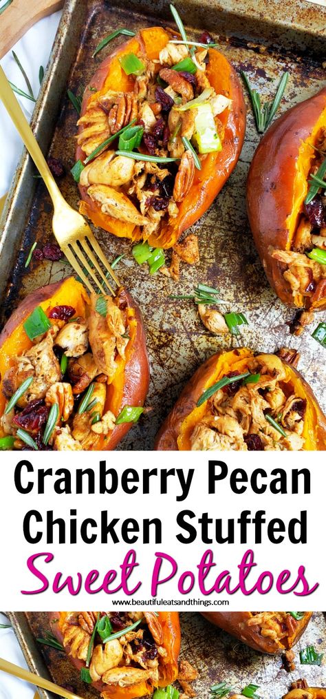 Cranberry Pecan Chicken Stuffed Sweet Potatoes - Beautiful Eats & Things Chicken Cranberry, Neuer Wallpaper, Stuffed Sweet Potato, Stuffed Sweet Potatoes, Pecan Chicken, Healthy Weeknight Dinners, Chicken Stuffed, Sweet Potato Recipes, Sweet Potatoes