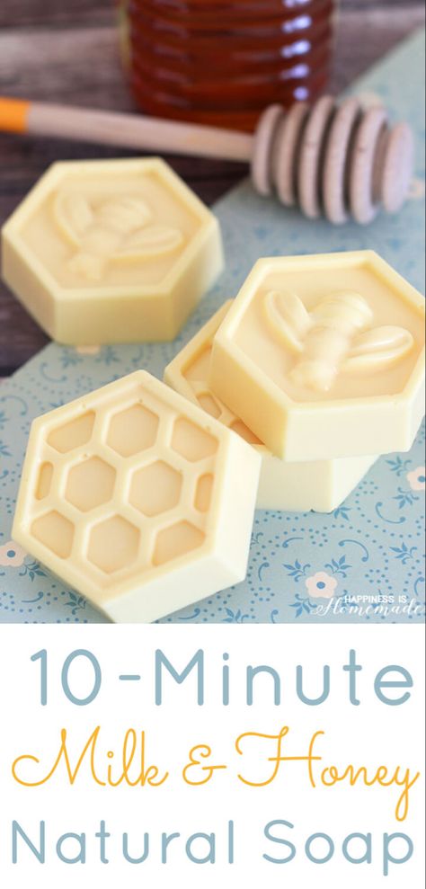 This easy DIY Milk and Honey soap can be made in just 10 minutes, and it boasts lots of great skin benefits from the goat's milk and honey! A wonderful quick and easy homemade gift idea! Honey Soap Recipe, Easy Soap Recipes, Savon Diy, Diy Soap Recipe, Easy Homemade Gifts, Handmade Soap Recipes, Honey Soap, Homemade Soap Recipes, Milk Honey