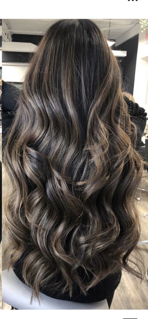 Dark Brown Hair With Cold Blonde Highlights, Baylage Brunette Winter, Ash Dimensional Brunette, Teasylights Dark Hair, Black Hair Blonde Lowlights, Ashy Teasy Lights, Ashy Dimensional Balayage, Full Head Balayage On Black Hair, Teddy Bear Highlights On Dark Brown Hair