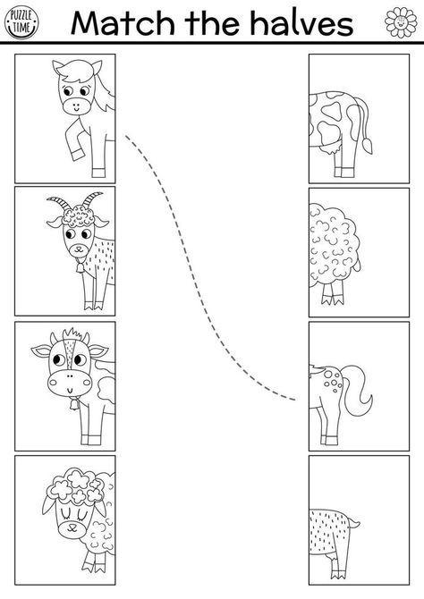 Farm connect the halves worksheet.  On the farm black and white matching game for preschool kids with domestic animals. Match heads and tails activity or coloring page with cow, horse, sheep On The Farm Worksheets Preschool, Horse Worksheets Preschool, Horse Activity For Preschool, Domestic Animals Activities, Cow Worksheets Preschool, Domestic Animals Project For Kids, Domestic Animals Preschool, Farm Animals Worksheets Preschool, Farm Worksheets Preschool